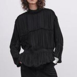 ZARA LIMITED EDITION MONACO BLACK PLEATED ZW FRAYED TRIM SHIRT BLOUSE